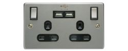 Mercury 440.012 Brushed Steel 2 Gang  Mains Socket w/ Dual USB Ports - Black