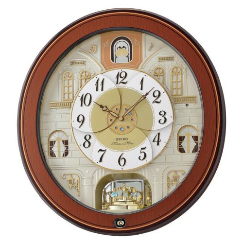 Seiko QXM368B Melody in Motion Wall Clock with Piano Finish Wooden Case - New