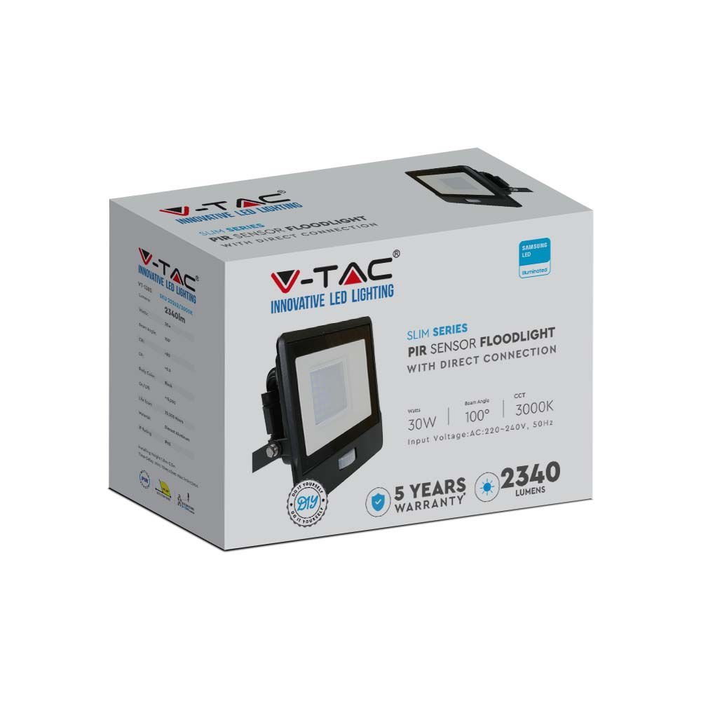 V tac 30w pir sensor floodlight with samsung chip 4000k black body