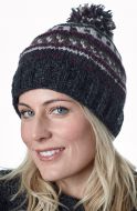 Pattern ridge bobble hat - pure wool - fleece lining - greys / aubergine