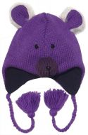 Pure Wool hand knit ear flap hat - bear - purple