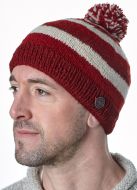 Pure Wool Striped bobble hat - single knit - red / cream