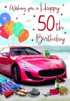 50th Birthday Card - Male - Sports Car - Glitter - Regal