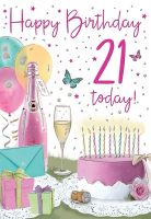 21st Birthday Card - Female - Champagne & Cake - Regal