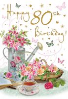 80th Birthday Card - Female - Watering Can Flowers - Glittered - Regal