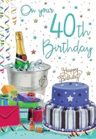 40th Birthday Card - Male Champagne & Cake - Glitter - Regal