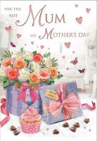 Mother's Day Card - Best Mum - Flowers Cupcake Chocolates - Glitter - Regal