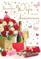 Wedding Anniversary Card - Wife Roses Champagne Chocolates - Glitter - Regal