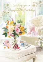50th Birthday Card Large - Female Tea & Cake Armchair - At Home Ling Design