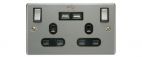 Mercury 440.012 Brushed Steel 2 Gang  Mains Socket w/ Dual USB Ports - Black