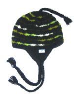 Hand knit - half fleece lined - soft wool - ear flap hat - Black/Green