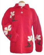 Hand knit, pure wool - Jumper With Flowers - Red