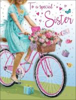 Birthday Card - Sister Bike & Flowers - Glitter Regal