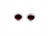 Silver Red & White CZ Oval Halo Stud Earrings