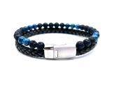 Blue Bead & Lava Stone Brown Leather Bracelet