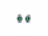 Silver Green & White CZ Oval Stud Earrings