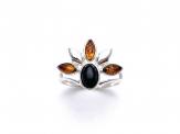 Silver Black Whitby Jet & Amber Fancy Ring P