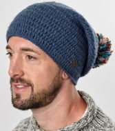 Pure Wool Hand crochet - bobble slouch hat - blue