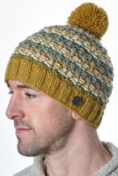 Blackberry bobble hat - hand knitted - pure wool - mustard