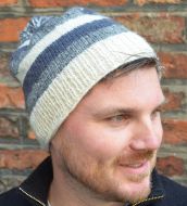 Pure Wool Striped bobble hat - single knit - greys / white