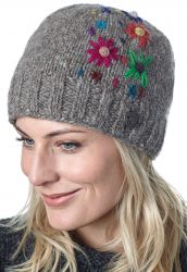 Pure Wool Hand embroidered beanie - marl brown