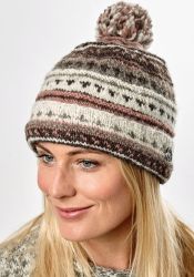 Pattern bobble turn up - hand knitted - pure wool - natural brown / blush