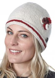 Half fleece lined - three flower beanie - pure wool - ivory