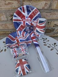 Union Jack Party Table Set - 56 Items - Plates, Bowls, Cups, Cupcake Cases, Flags