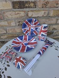 Union Jack Party Table Set - 56 Items - Plates, Bowls, Cups, Cupcake Cases, Flags