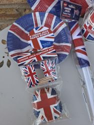 Union Jack Party Table Set - 56 Items - Plates, Bowls, Cups, Cupcake Cases, Flags