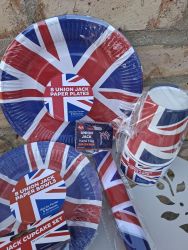 Union Jack Party Table Set - 56 Items - Plates, Bowls, Cups, Cupcake Cases, Flags