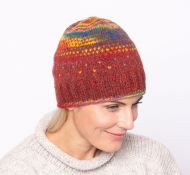 Pure Wool Hand knit - solar tick beanie - rust heather/rainbow