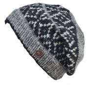 Pure Wool Hand knit - diamond bands - baggy beanie - grey/charcoal