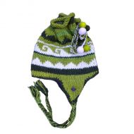 Hand knit - pure wool - tie top - ear flap hat - Green assorted