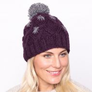 Pure wool - diamond cable bobble hat - Aubergine/mid grey