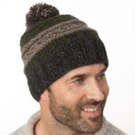 Pattern ridge bobble hat - pure wool - fleece lining - greys / green