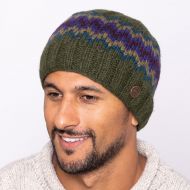 Pure Wool Half fleece lined - zig zag beanie - Green