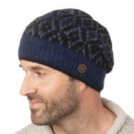 Pure Wool Hand knit - diamond bands - baggy beanie - blue