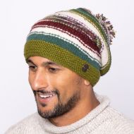 Pure Wool Hand knit - electric stripe - bobble slouch - Green