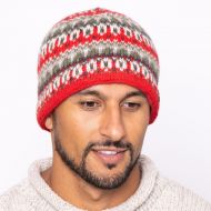 Pure Wool hand knit - multi-patterned beanie - red