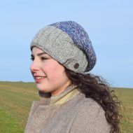 Pure Wool Hand knit - two tone moss - baggy beanie - mid grey/blue heather