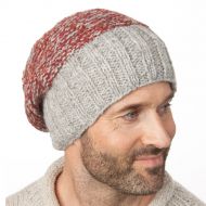 Pure Wool Hand knit - two tone moss - baggy beanie - mid grey/rust heather
