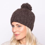 Pure Wool Plain bobble hat - hand knitted - fleece lining - marl brown