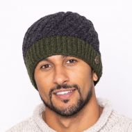 Pure wool - half fleece lined - border beanie - Charcoal/green