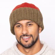 Pure Wool Hand knit - watchman's beanie - Dark spice/khaki