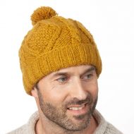 Pure Wool Celtic bobble hat - turn up - mustard