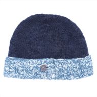 Hand knit pure wool - turn up beanie - blue/white-smoke