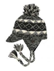 Pure Wool Hand knit - half fleece lined - large  bobble - peak ear flap - Natural Tones