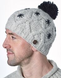 pure wool - diamond cable bobble hat - Greys/Black