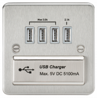 Knightsbridge Flat Plate Quad USB charger outlet - Brushed chrome with grey insert - (FPQUADBCG)